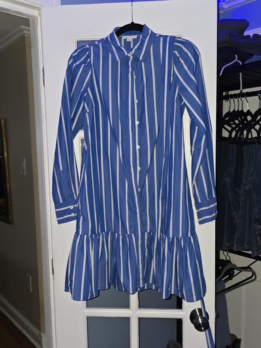 Blue and White Striped Long Sleeve Shirt Dress